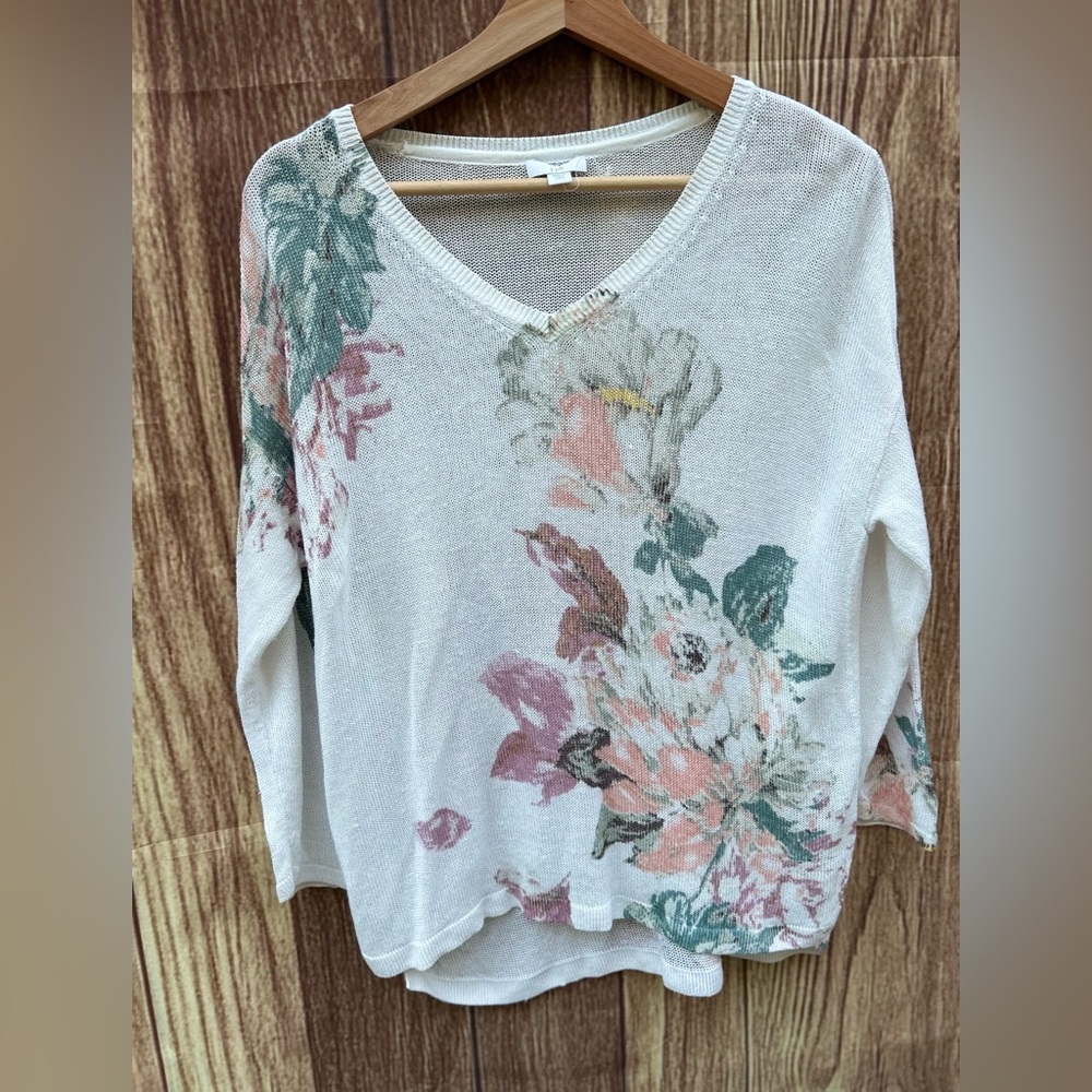 J Jill SP linen blend ivory pastel floral knit pullover sweater cottagecore boho